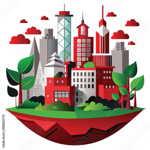 The concept showcases a colorful green city with a mix of modern buildings and lush vegetation emphasizing innovative approaches to urban ecology