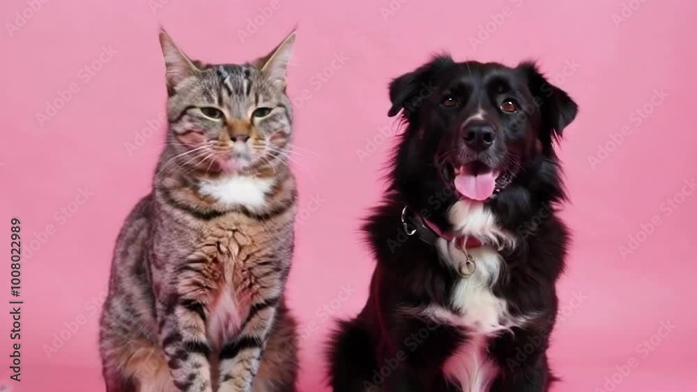 A cat and dog pose together against a vibrant pink backdrop, showcasing their playful expressions and companionship. A cat and dog pose together against a vibrant pink backdrop, showcasing their playful expressions and companionship.