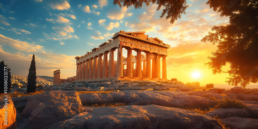 Obraz premium Golden Sunset Over the Historic Parthenon in Greece