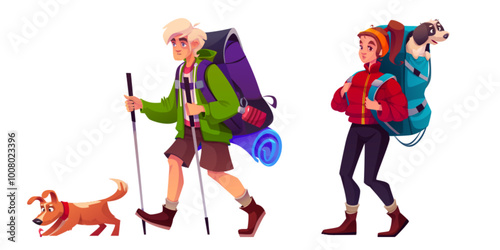 Hiker tourist with backpack and dog. Trekking adventure illustration for woman and man with pet and mat for camping. Active outdoor explorer walk isolated graphic set. Recreation holiday team photo