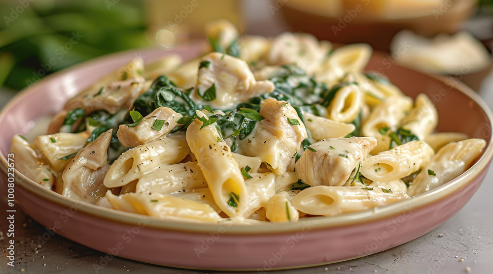 Creamy Chicken and Spinach Pasta in a pink plate on a dinner table. The chicken is diced. Creamy Chicken and Spinach Pasta in a pink plate on a dinner table. The chicken is diced.