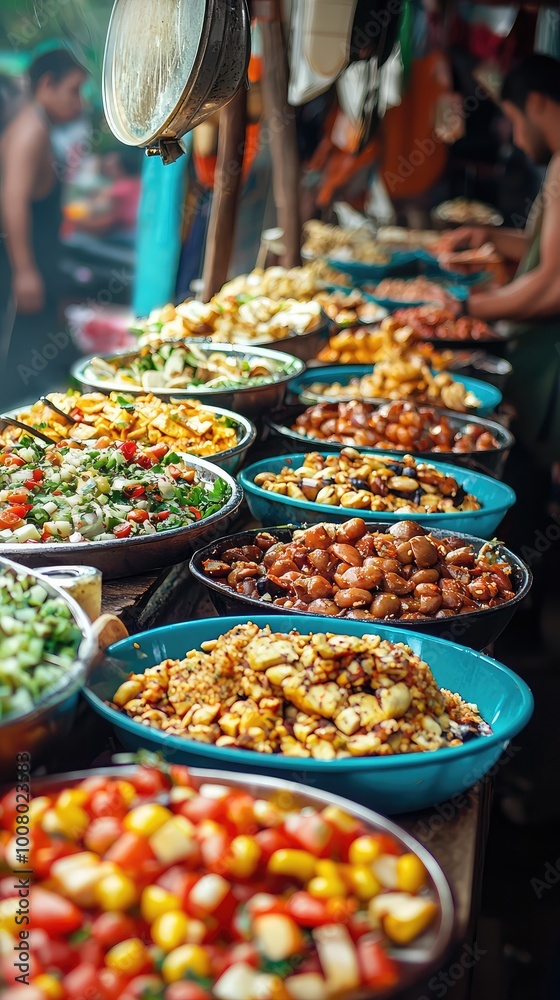 A vibrant market scene displaying diverse fresh vegetables and fruits in colorful bowls, showcasing local culinary abundance. A vibrant market scene displaying diverse fresh vegetables and fruits in colorful bowls, showcasing local culinary abundance.