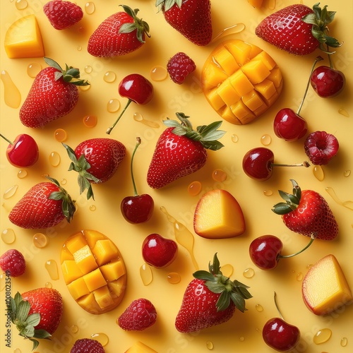 Floating strawberry pieces, mango pieces, cherry pieces, above yellow ground seen from above. photo