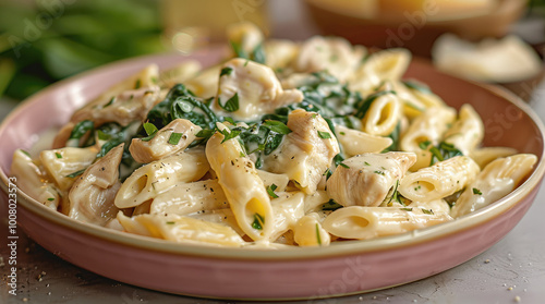 Creamy Chicken and Spinach Pasta in a pink plate on a dinner table. The chicken is diced.