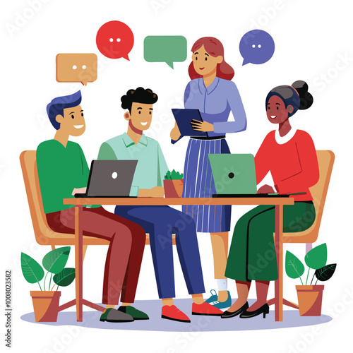 A diverse team of office workers engages in discussions while using laptops and tablets fostering collaboration and creativity in their workspace