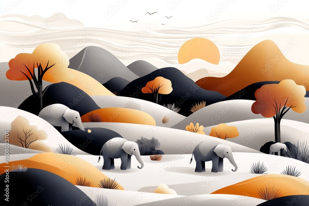 Fototapeta premium Minimalist illustration of an elephant sanctuary, with simple lines and soft colors showing elephants roaming peacefully through an abstract landscape.