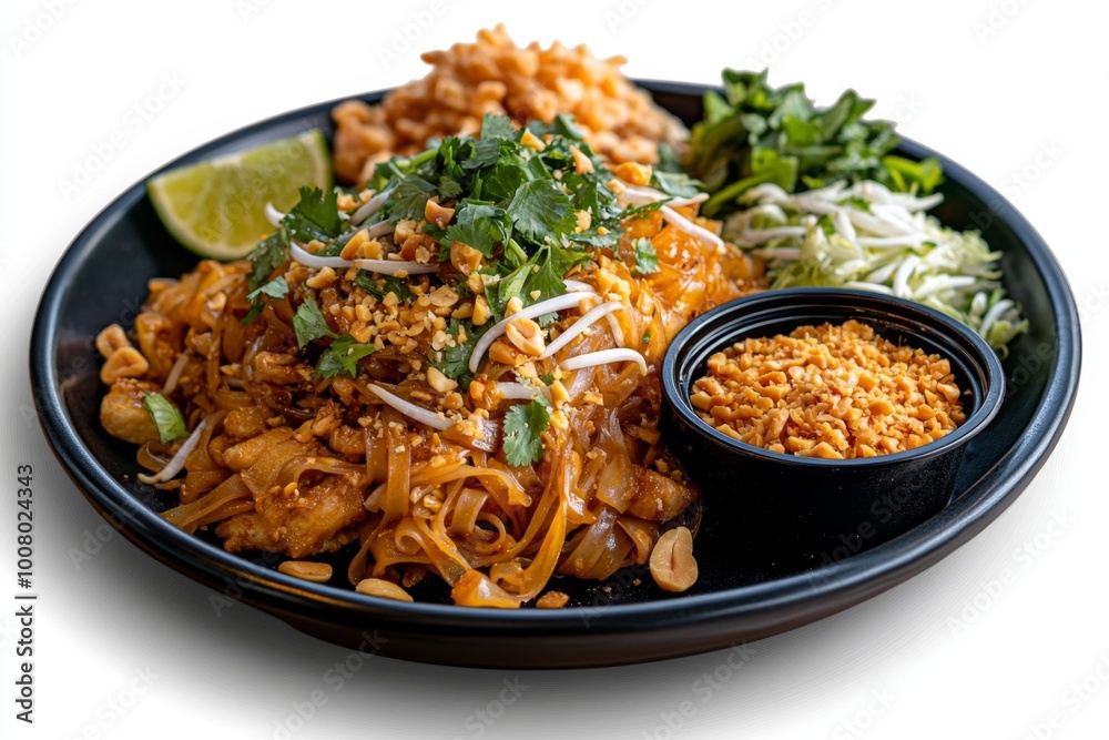 The final presentation of Pad Thai on a plate, with noodles artfully arranged and garnished with lime, peanuts, and fresh herbs, ready to be enjoyed The final presentation of Pad Thai on a plate, with noodles artfully arranged and garnished with lime, peanuts, and fresh herbs, ready to be enjoyed