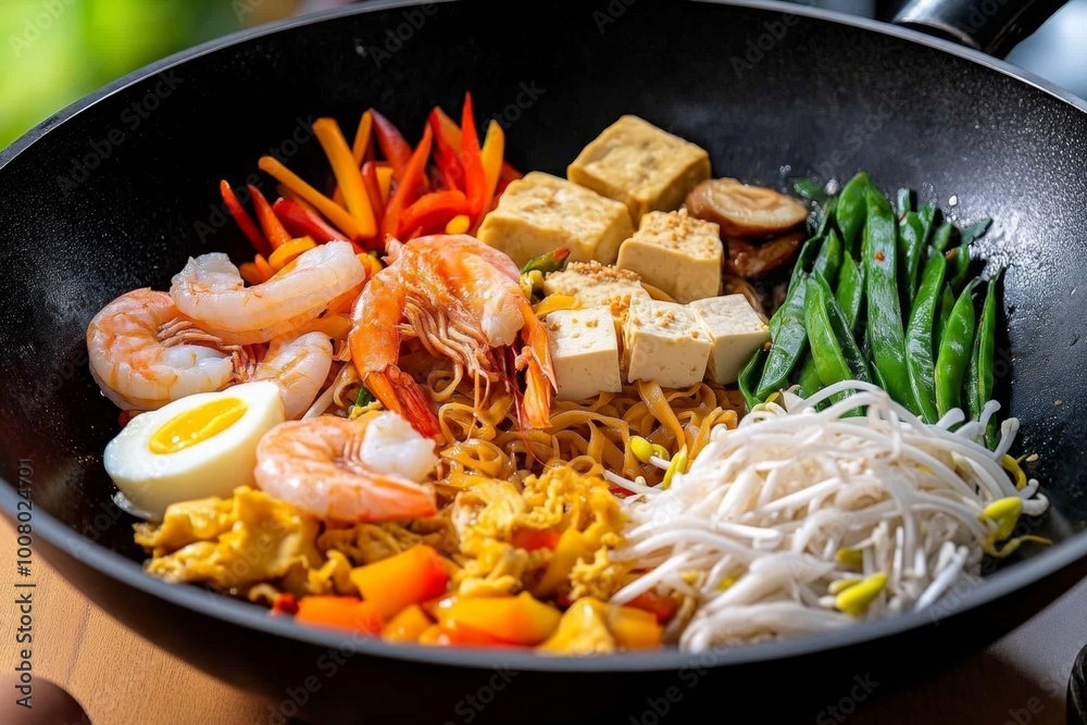 The vibrant process of mixing colorful ingredients in a wok, where shrimp, tofu, eggs, and vegetables meet the noodles and sauce, creating a dynamic Pad Thai scene The vibrant process of mixing colorful ingredients in a wok, where shrimp, tofu, eggs, and vegetables meet the noodles and sauce, creating a dynamic Pad Thai scene