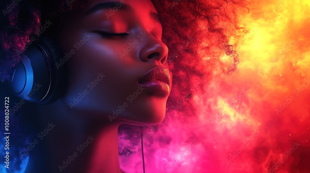 A woman enjoying music with headphones amidst vibrant colors. A woman enjoying music with headphones amidst vibrant colors.