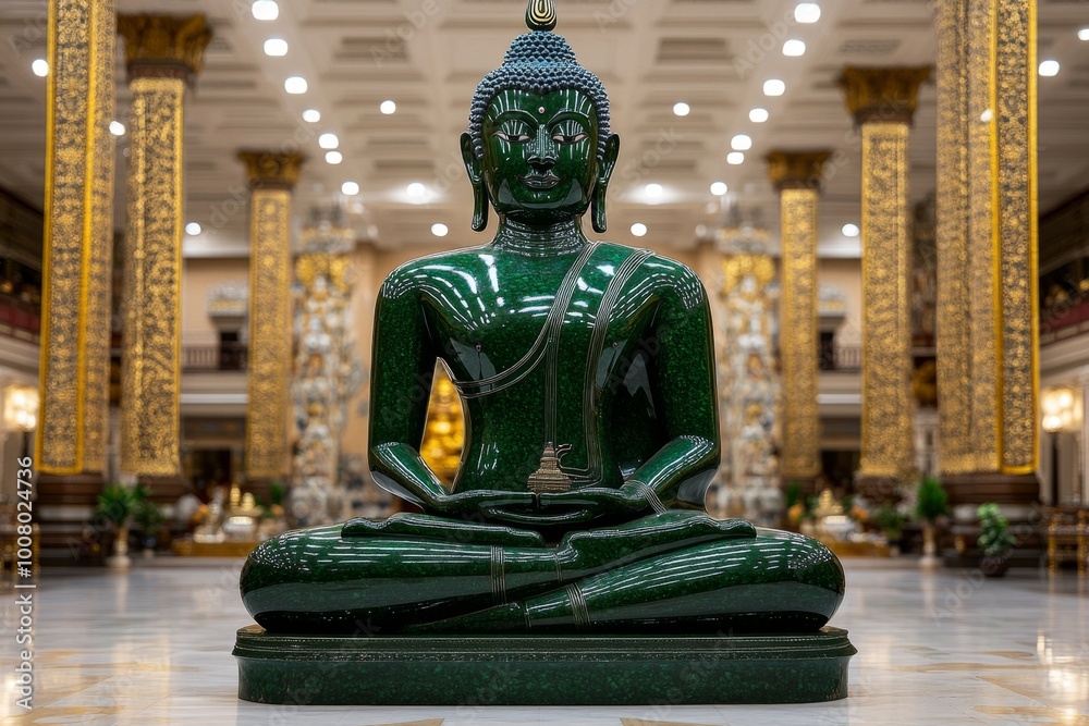The sacred Emerald Buddha statue, shining with the deep green hues of jade, framed by intricate golden carvings and delicate silk banners that add to the temple’s spiritual energy. The sacred Emerald Buddha statue, shining with the deep green hues of jade, framed by intricate golden carvings and delicate silk banners that add to the temple’s spiritual energy.