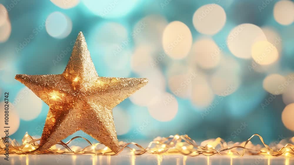 A shimmering golden star glows brightly against a backdrop of blue bokeh, surrounded by delicate lights
