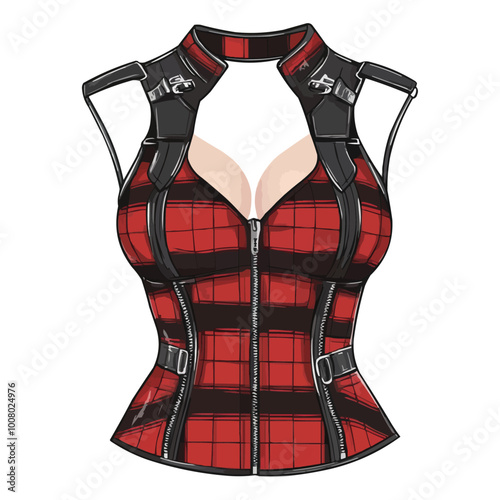 A red and black plaid bustier dress with zippers vector