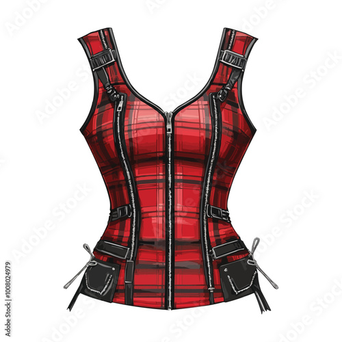 A red and black plaid bustier dress with zippers vector