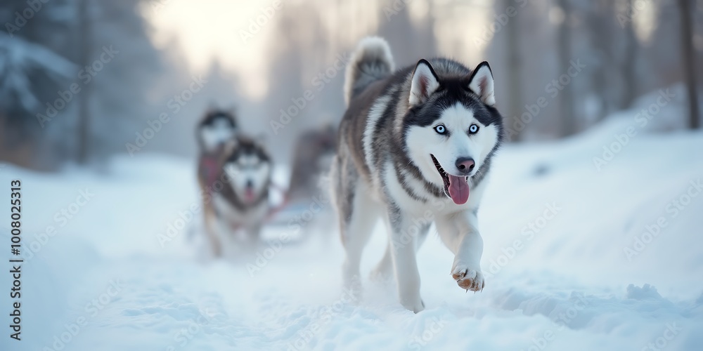 Naklejka premium A Siberian Husky energetically pulling a sled through a snowy landscape. The dog, with its thick fur coat and striking blue eyes