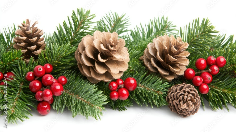 A holiday-inspired border made of tree branches with red berries and pine cones, arranged on a white background, perfect for Christmas designs. A holiday-inspired border made of tree branches with red berries and pine cones, arranged on a white background, perfect for Christmas designs.