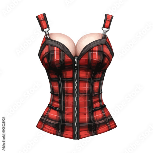 A red and black plaid bustier dress with zippers vector