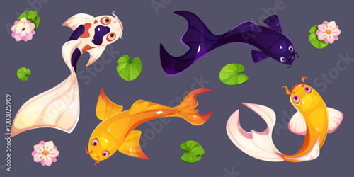 Koi fish and lotus flowers set isolated on black background. Vector cartoon illustration of white and golden carps swimming in traditional Asian pond, Japanese water garden design elements top view