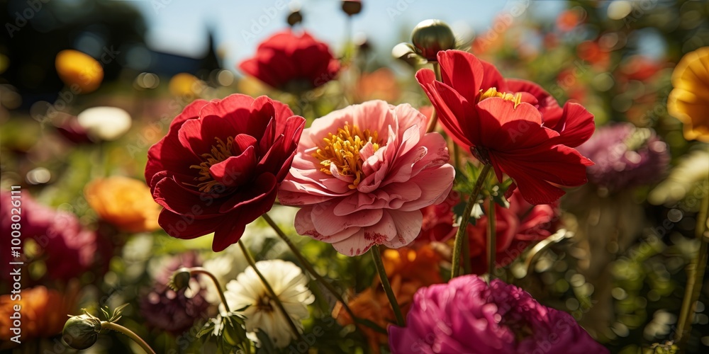 A delicate bloom of pastel pink with vibrant red and orange companions in the soft light of a summer day. A delicate bloom of pastel pink with vibrant red and orange companions in the soft light of a summer day.