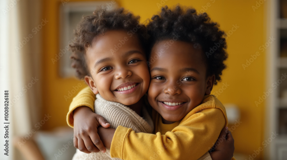 Naklejka premium Brotherly love. Two young African American children hugging each other and smiling at the camera. They are cheek to cheek and expressing their love for each other.