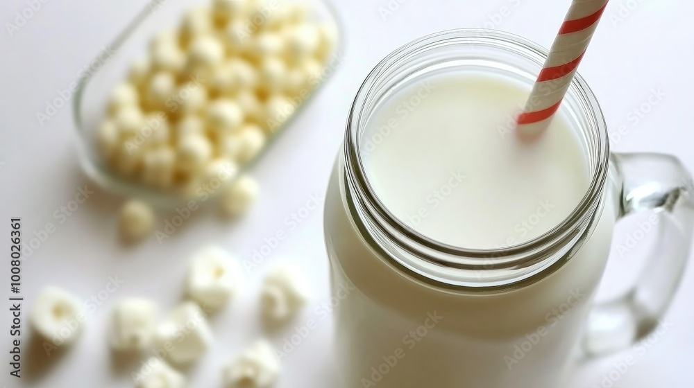 A mason jar filled with milk, placed on a white background, giving a rustic yet fresh look to the dairy beverage.