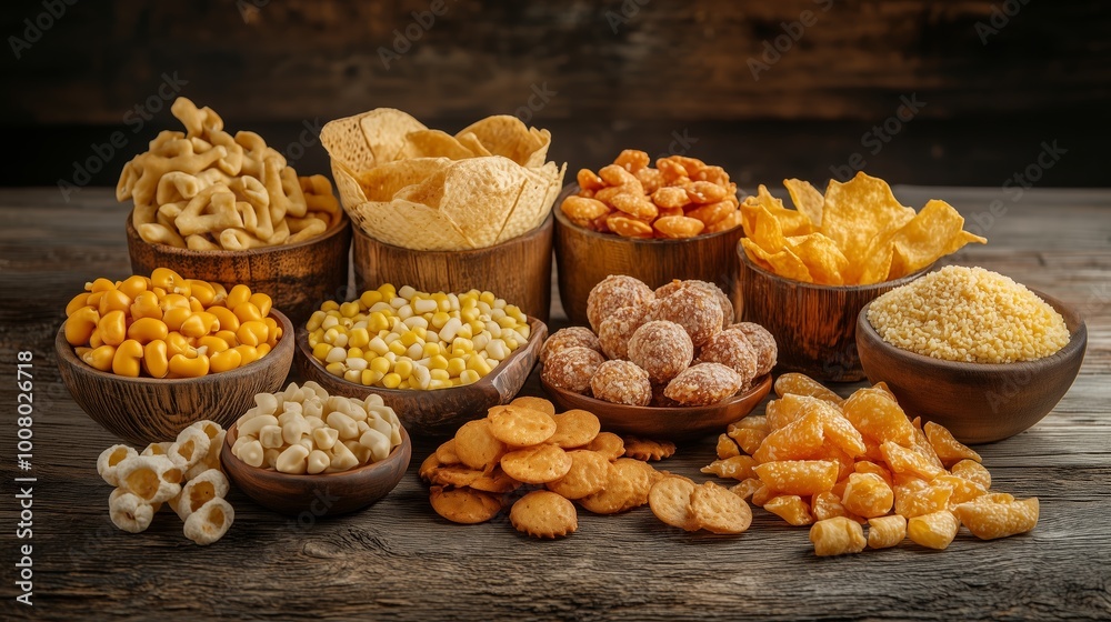 A vibrant assortment of snacks displayed in wooden bowls on a rustic table, showcasing a variety of textures and flavors A vibrant assortment of snacks displayed in wooden bowls on a rustic table, showcasing a variety of textures and flavors