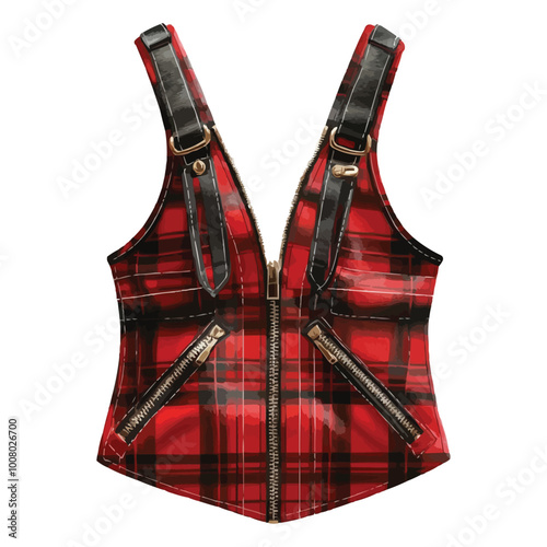 A red and black plaid bustier dress with zippers vector