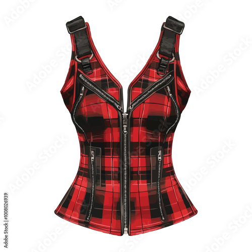 A red and black plaid bustier dress with zippers vector