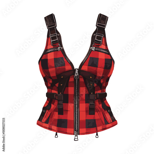 A red and black plaid bustier dress with zippers vector