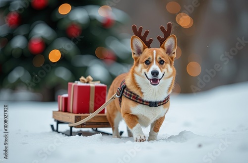 A Corgi Welsh Pembroke dog with deer antlers on its head carries a wooden sled with gifts for Christmas. Christmas delivery concept photo