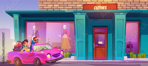 Couple in car after shopping. Vector cartoon illustration of happy young man and woman sitting in auto with shop bags, clothes store facade with mannequins in windows, cheerful people on vacation