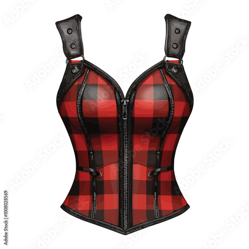 A red and black plaid bustier dress with zippers vector