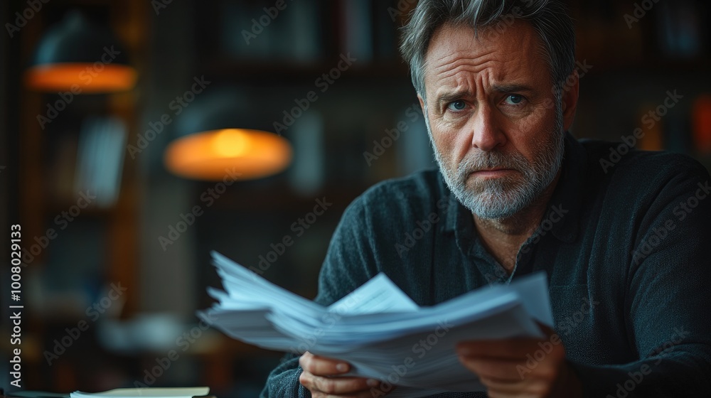 Serious businessman reading documents in cafe looking concerned Serious businessman reading documents in cafe looking concerned