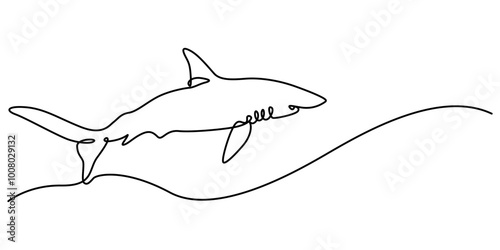 Continuous one line drawing of shark fish. Simple illustration of saltwater fish line art vector illustration, Shark Continuous Line Drawing, Shark fish in continuous line art drawing,  One continuous