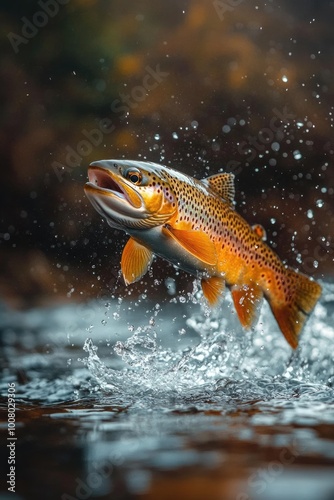 Brown trout fish jumping splashing water river wildlife nature