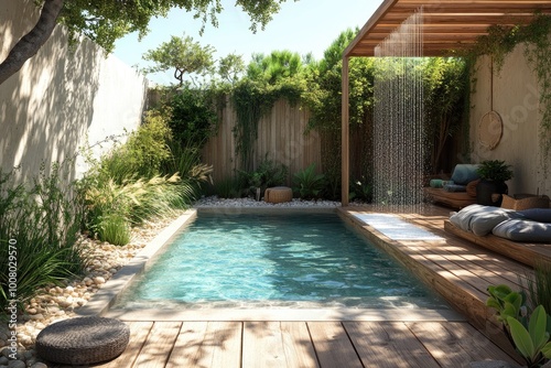 Luxurious plunge pool being illuminated by sunlight under a waterfall in a tranquil garden oasis