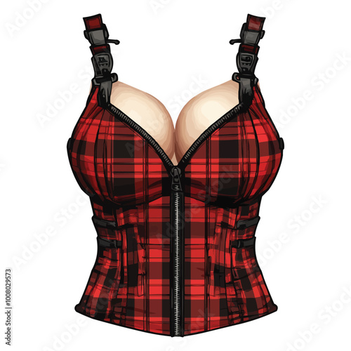A red and black plaid bustier dress with zippers vector