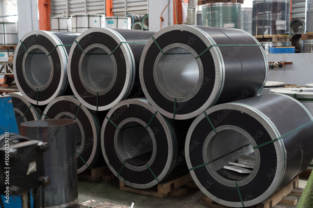 Metalwork manufacturing, warehouse of raw materials. Rolls of metal sheet or Rolls of stainless steel in aluminium material warehouse Metalwork manufacturing, warehouse of raw materials. Rolls of metal sheet or Rolls of stainless steel in aluminium material warehouse