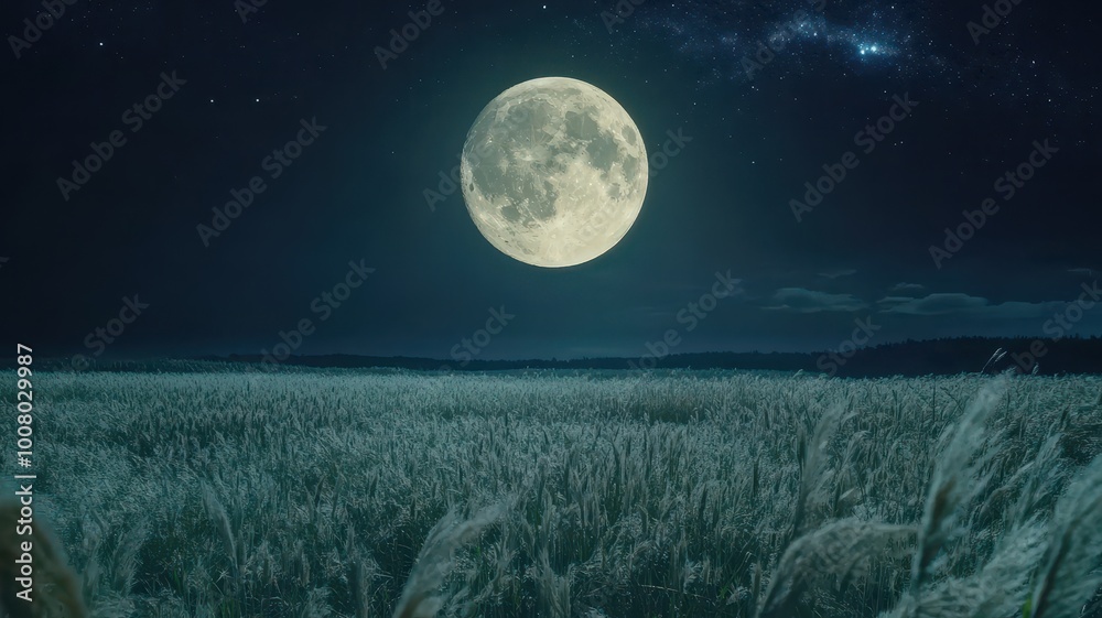 Full moon and Japanese pampas grass in midnight,The harvest Miscanthus sinensis and full moon,beautiful night sky in the countryside with the perfect moon exudes beauty in the dark. Full moon and Japanese pampas grass in midnight,The harvest Miscanthus sinensis and full moon,beautiful night sky in the countryside with the perfect moon exudes beauty in the dark.