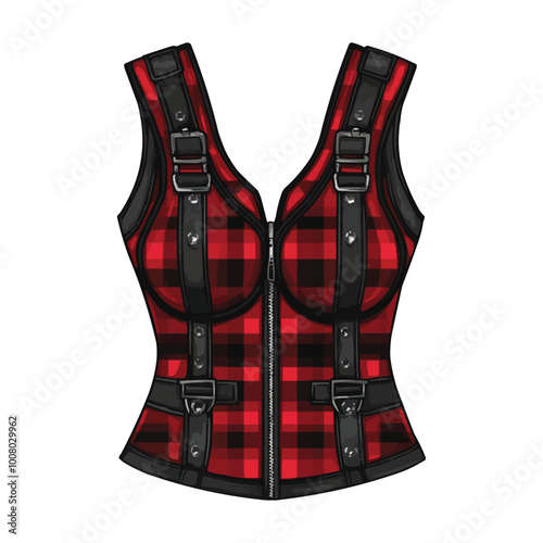 A red and black plaid bustier dress with zippers vector