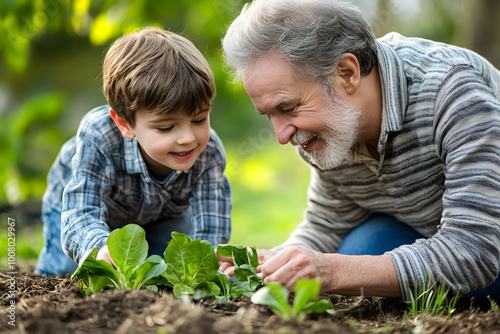 Grandfather and grandson gardening together, enjoying quality time outdoors, learning to care for plants and nature, teaching sustainable practices and fostering an intergenerational bond

 photo