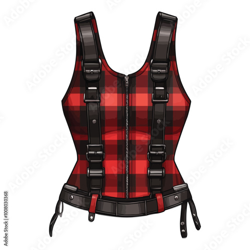 A red and black plaid bustier dress with zippers vector