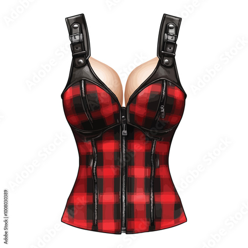 A red and black plaid bustier dress with zippers vector