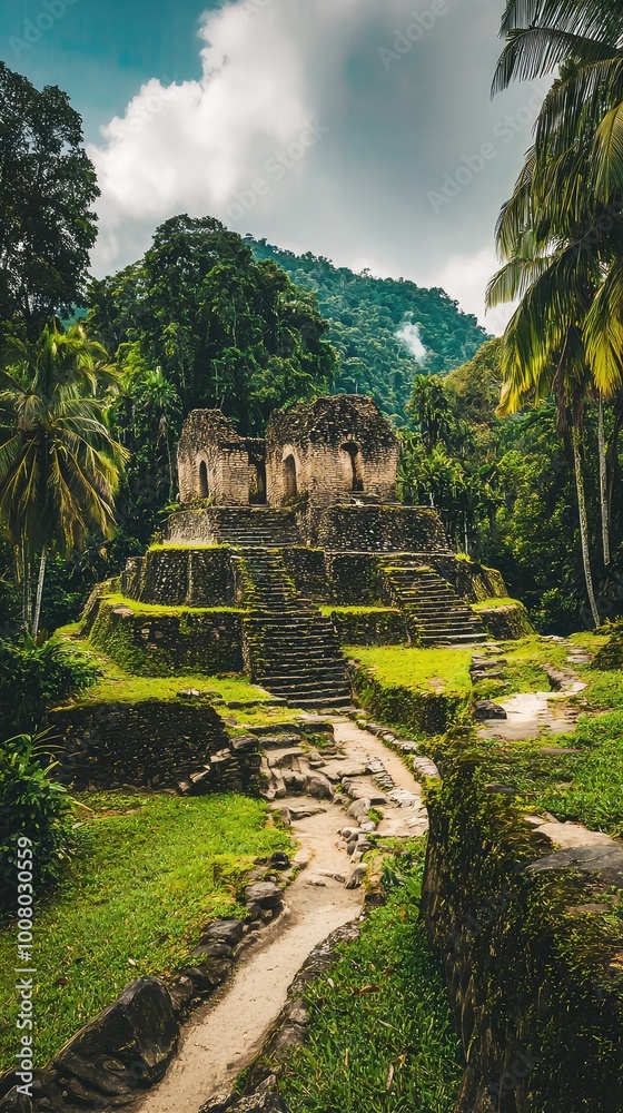 Ancient ruins nestled in a lush green landscape surrounded by tropical trees and mountains, evoking a sense of mystery and history. Ancient ruins nestled in a lush green landscape surrounded by tropical trees and mountains, evoking a sense of mystery and history.