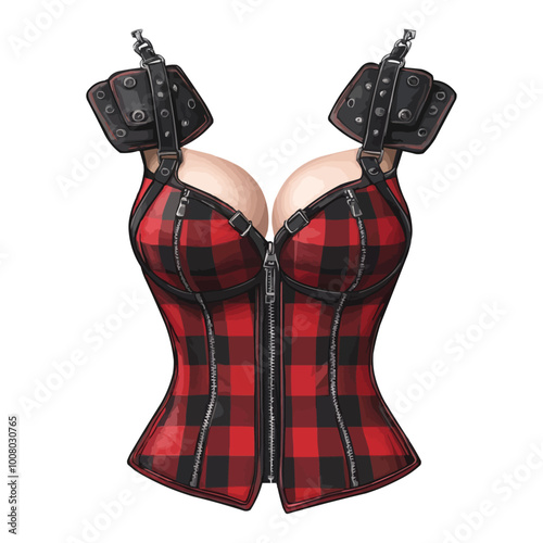 A red and black plaid bustier dress with zippers vector