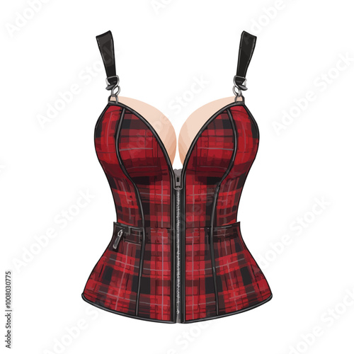 A red and black plaid bustier dress with zippers vector