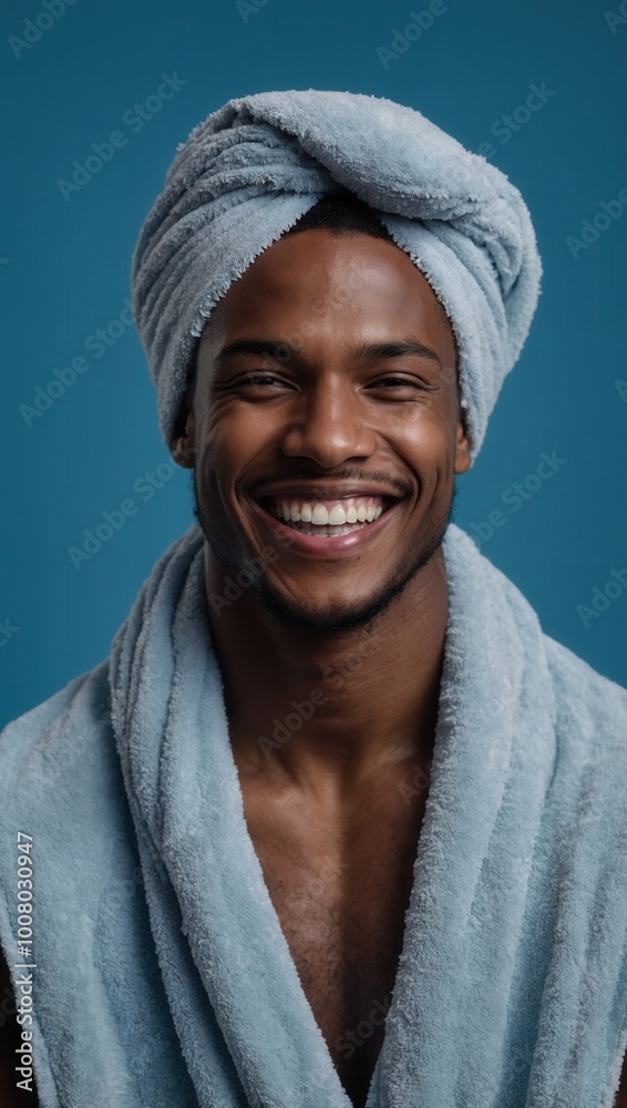 Smiling young man wrapped in blue towel, relaxed and joyful, plain background Smiling young man wrapped in blue towel, relaxed and joyful, plain background