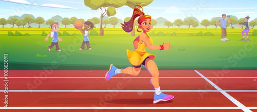 Young woman running on stadium. Vector cartoon illustration of female athlete jogging, training for marathon, children playing ball in summer park, people exercising in morning, outdoor workout