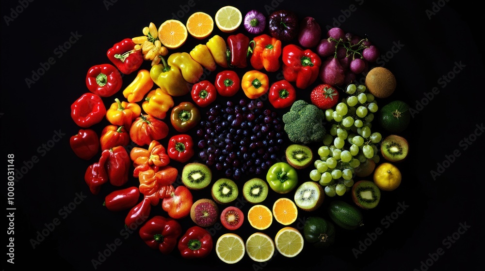 custom made wallpaper toronto digitalA vibrant arrangement of various fruits and vegetables on a black background.