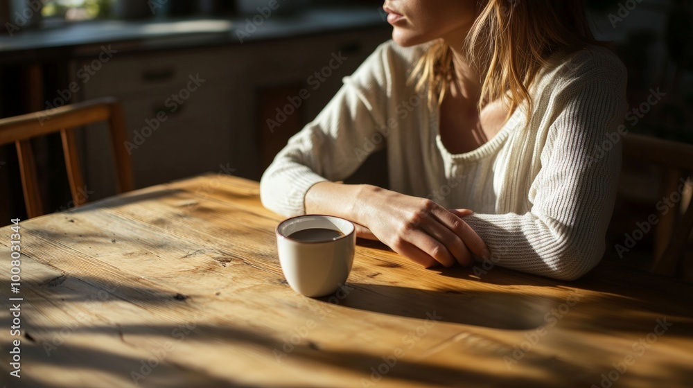 Woman Sitting at Table with Coffee in Natural Light Woman Sitting at Table with Coffee in Natural Light