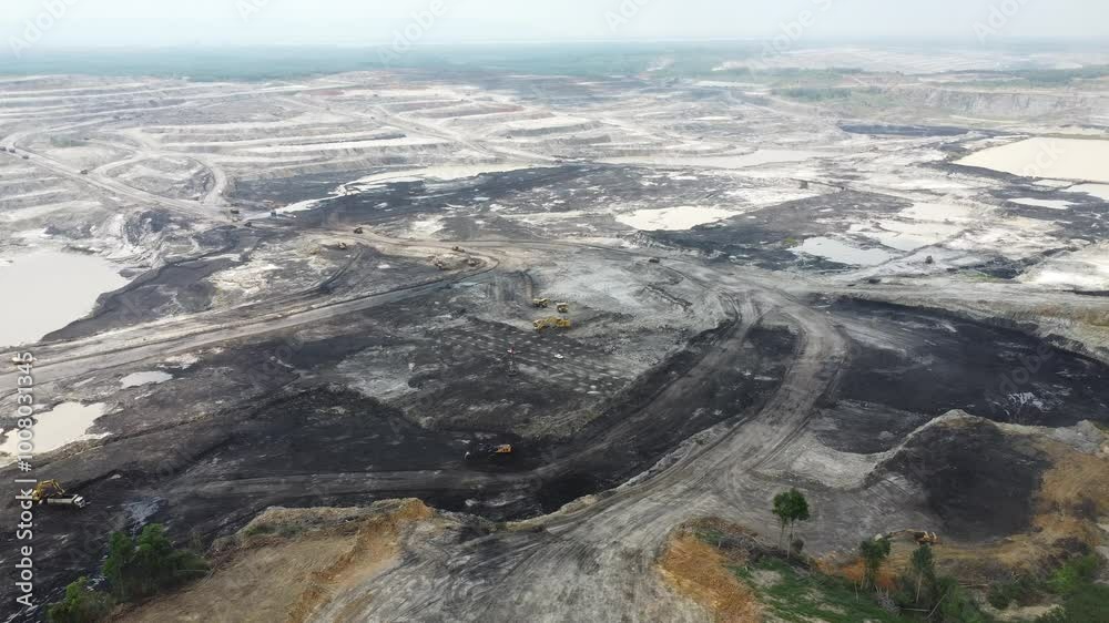 Aerial view panorama of open pit coal mining, dumper, extractive industry excavation, very large mine. Big Yellow Mining Truck Aerial view panorama of open pit coal mining, dumper, extractive industry excavation, very large mine. Big Yellow Mining Truck
